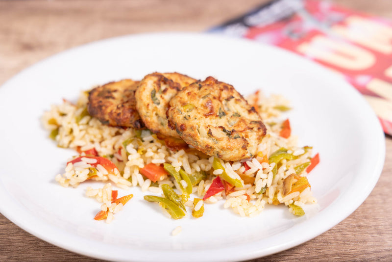 Cauliflower Fritters with Roasted Pepper Rice