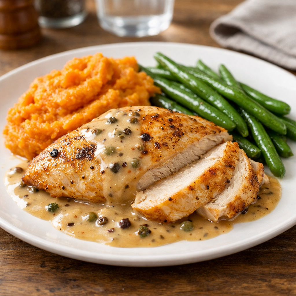 Chicken with sweet potato mash, green beans & peppercorn sauce