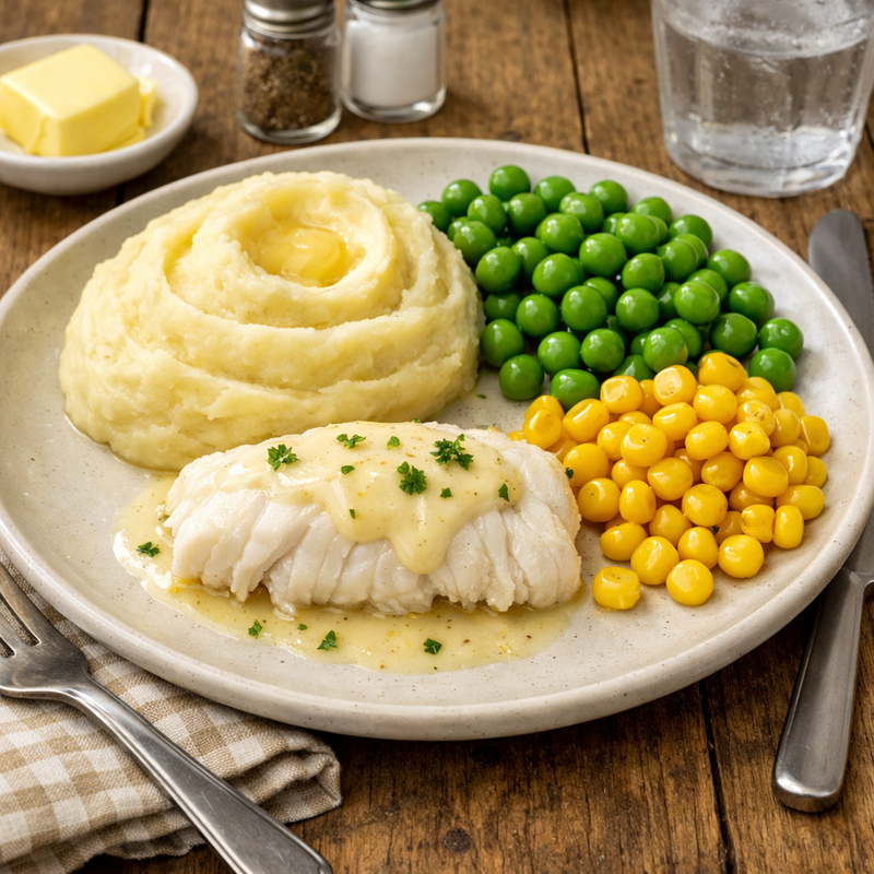 Hake Mornay with mash, sweetcorn & peas