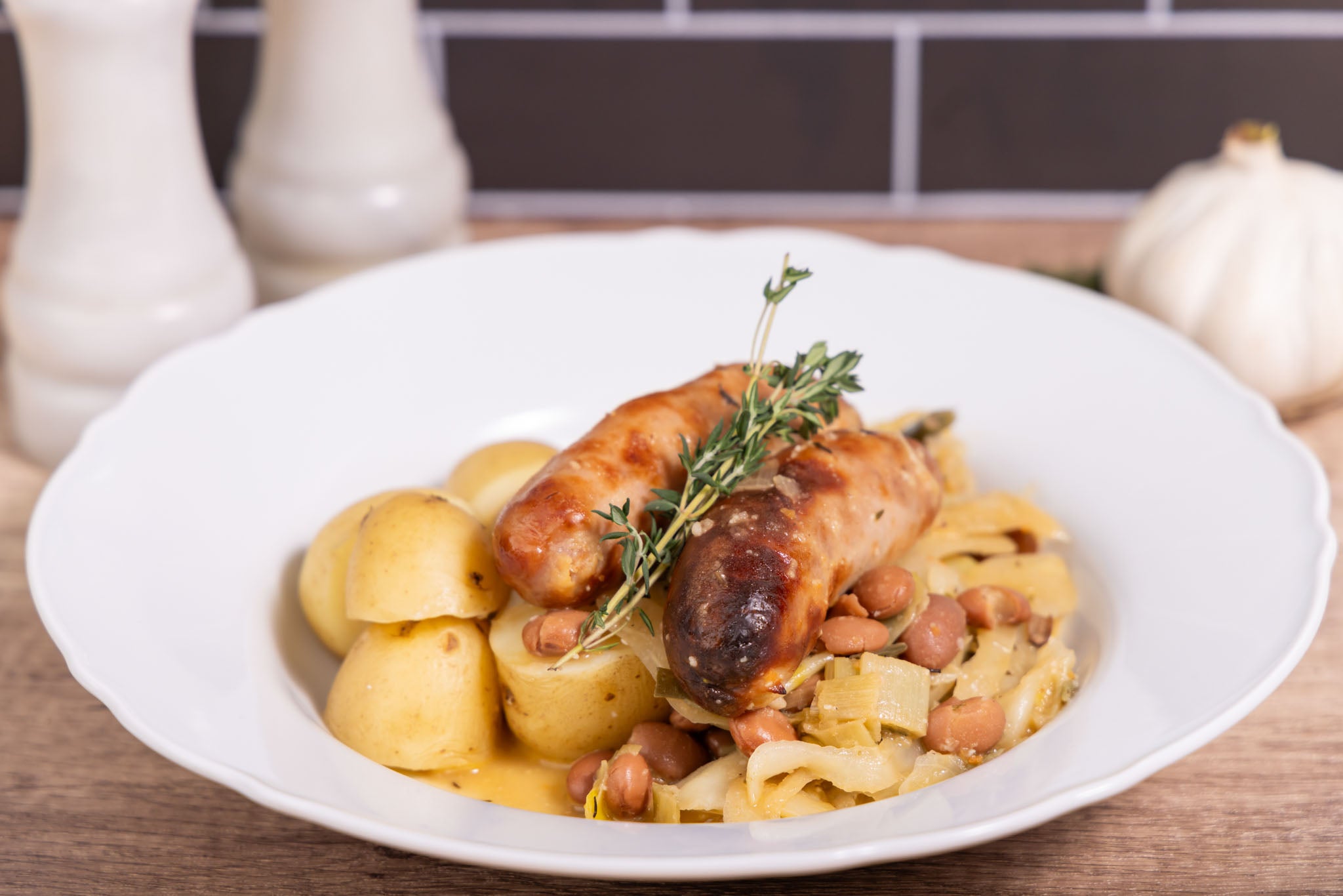 Pork Sausage and Bean in a Mustard & White Wine Stew