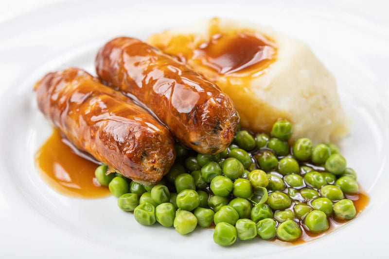 Pork & Leek Sausages with Mash Potatoes, Peas & Gravy