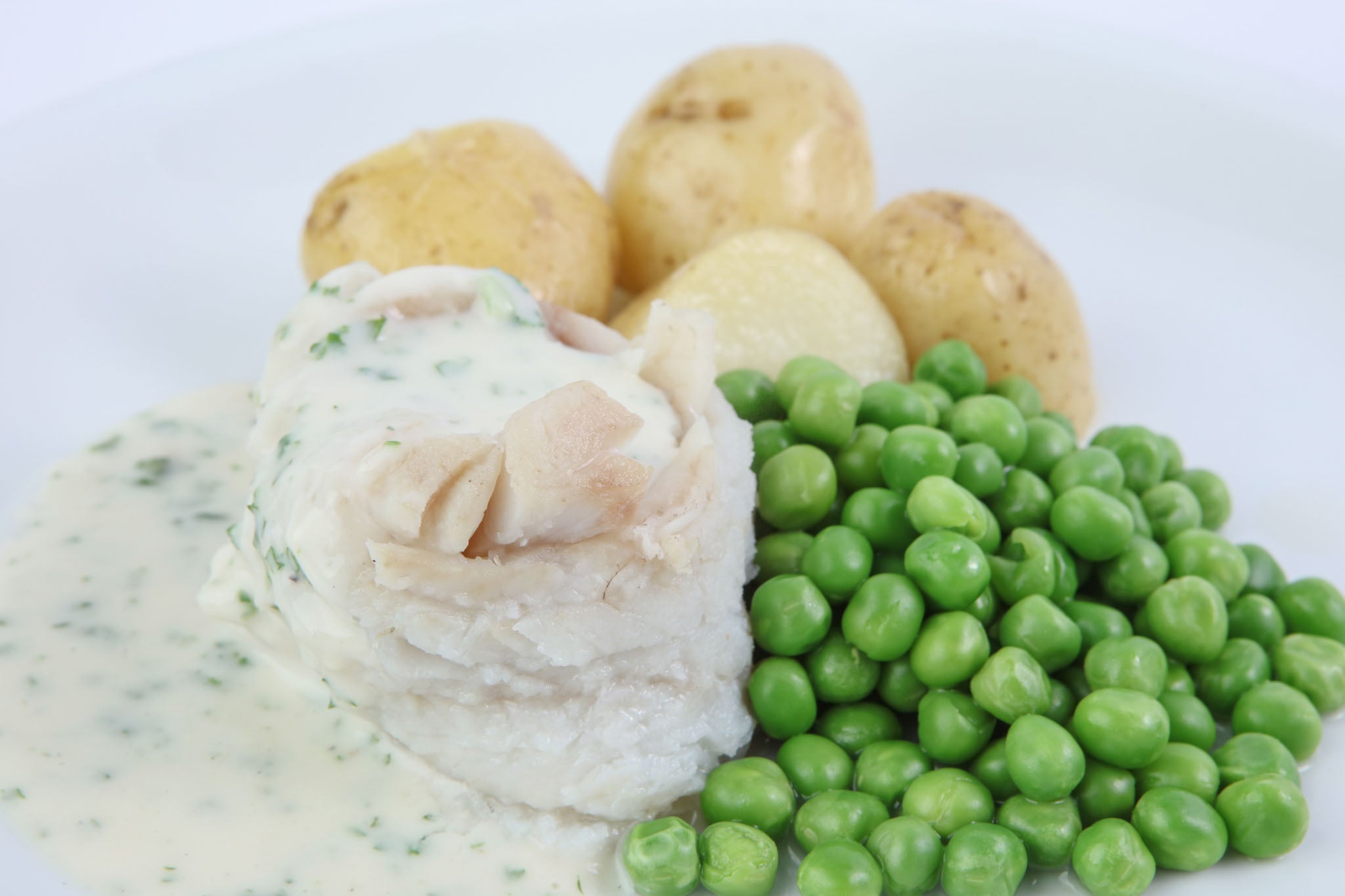 Steamed Hake with Potato, Peas & Parsley Sauce